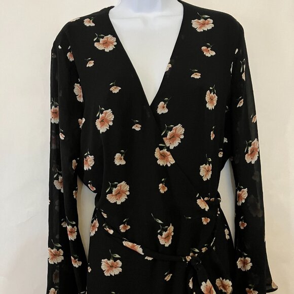 Missguided Women Black Floral Wrap Dress 14 Ruffle Boho Whimsigoth Cottagecore - Picture 5 of 9
